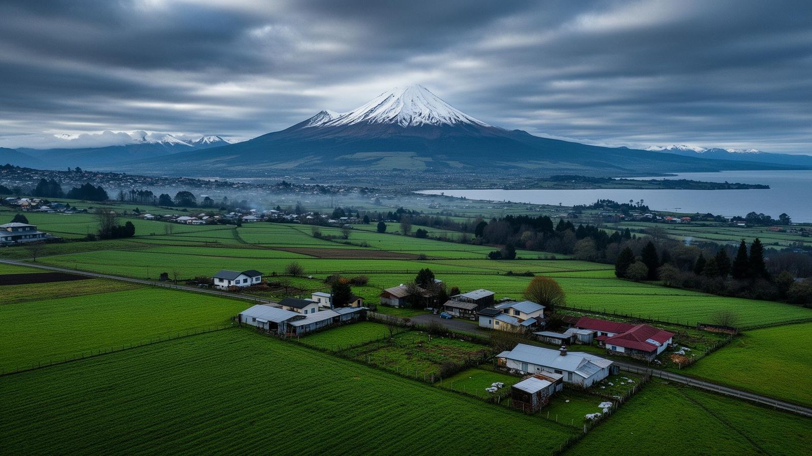 Vista aérea de Puerto Montt y el volcán Osorno, Región de los Lagos, Chile
